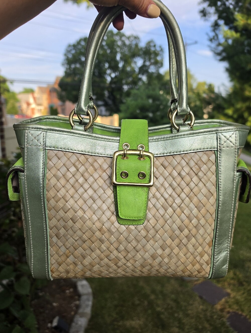 Vintage  Coach Woven Straw Satchel, Green Suade Leather.2004